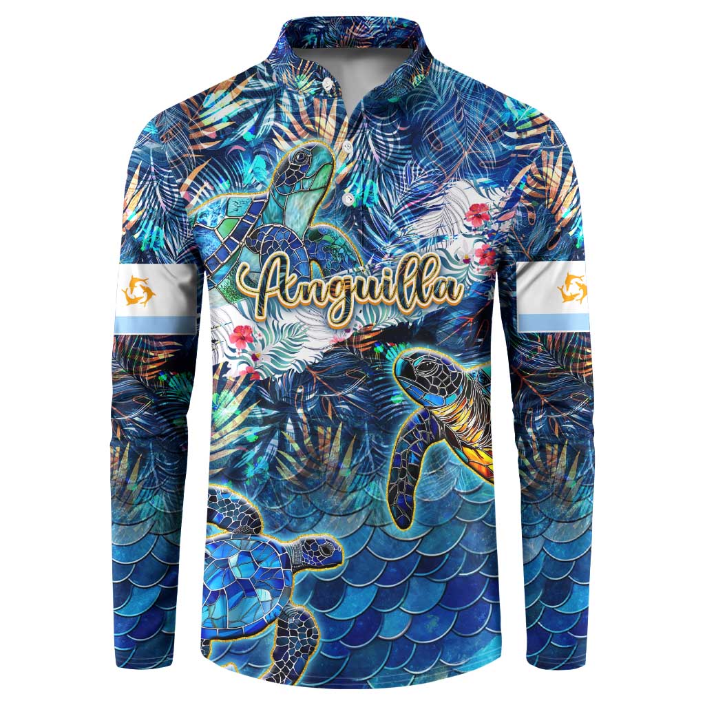 Blue long-sleeve button sweatshirt with tropical turtle and sea pattern front graphic