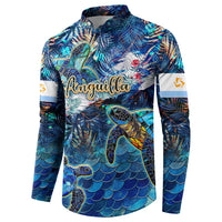 Blue long-sleeve button sweatshirt with 'Anguilla' script and sea turtle front print