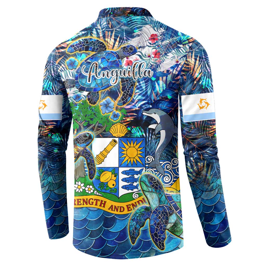 Blue long-sleeve button sweatshirt with back print of turtles, flowers, sun, and motto
