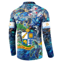 Blue long-sleeve button sweatshirt with back print of turtles, flowers, sun, and motto