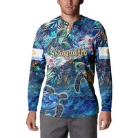 Blue long-sleeve button sweatshirt with tropical sea turtle chest graphic and logo sleeve bands