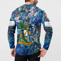 Blue long-sleeve button sweatshirt showing back artwork with turtles, sun, waves, and flowers