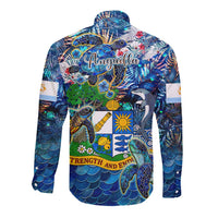 Blue long-sleeve button shirt with 'Anguilla' graphic, map collage and ocean-scale print