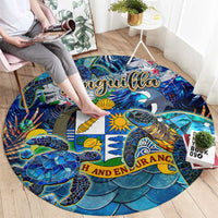 Blue round rug with colorful ocean-and-turtle pattern and central emblem, large circle