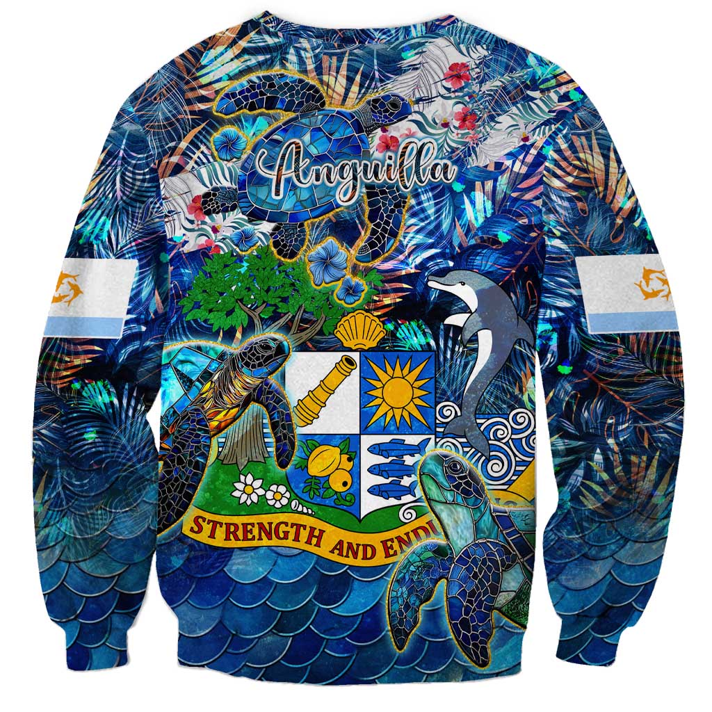 Unisex blue crewneck sweatshirt with central turtle, dolphin, floral and island crest