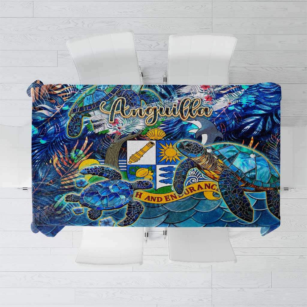 Blue tablecloth with colorful ocean-themed print and scalloped scale pattern