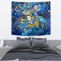 Blue sea-themed tapestry with colorful wildlife and wave-scale graphic