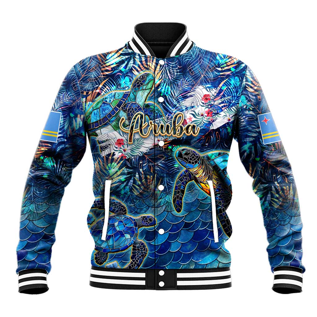 Unisex blue baseball jacket with sea turtle tropical print, striped ribbed collar and cuffs