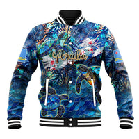 Unisex blue baseball jacket with sea turtle tropical print, striped ribbed collar and cuffs