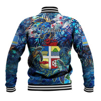 Unisex blue baseball jacket, sea turtle tropical back print with striped ribbed collar