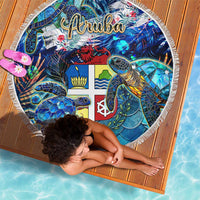 Round tropical beach blanket featuring sea turtles, bright Aruba-style flag and white fringe