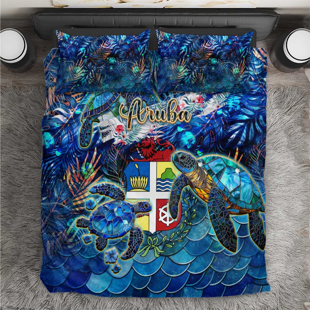 Blue tropical duvet cover with sea turtle pattern and matching pillow shams