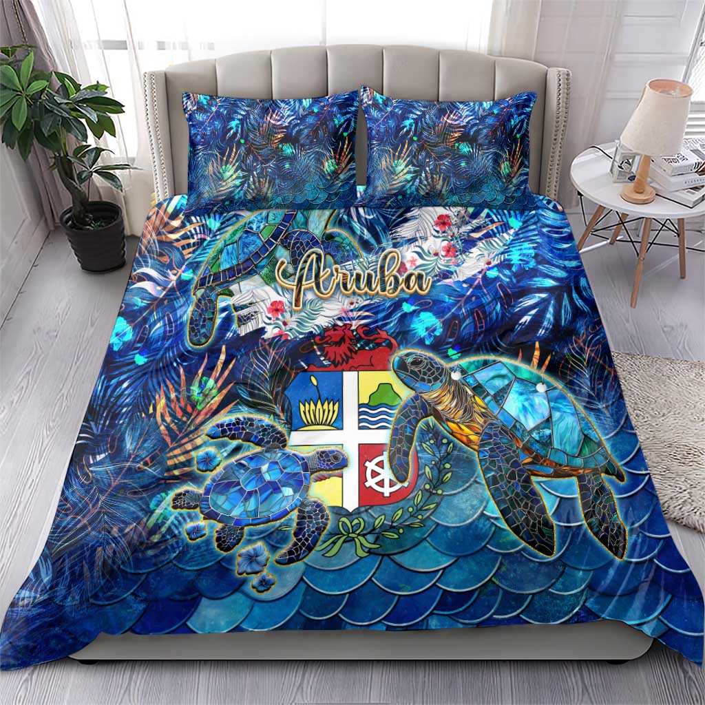 Blue tropical bedding set with two pillow shams and sea turtle motif duvet