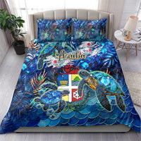 Blue tropical bedding set with two pillow shams and sea turtle motif duvet