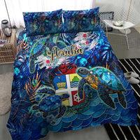 Blue tropical duvet cover with Aruba lettering, sea turtle art, and two pillow shams
