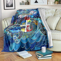 Blue tropical sea turtle throw blanket with Aruba text and flag graphic