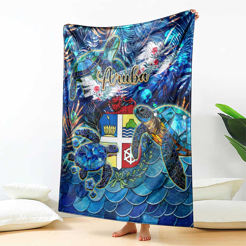 Blue sea turtle and wave pattern blanket with Aruba text centered
