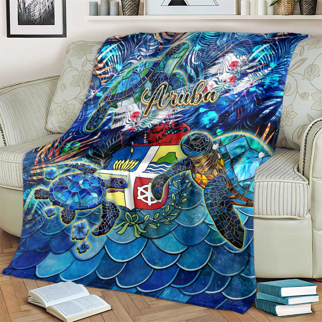 Blue sea turtle throw blanket with Aruba logo and island flag design