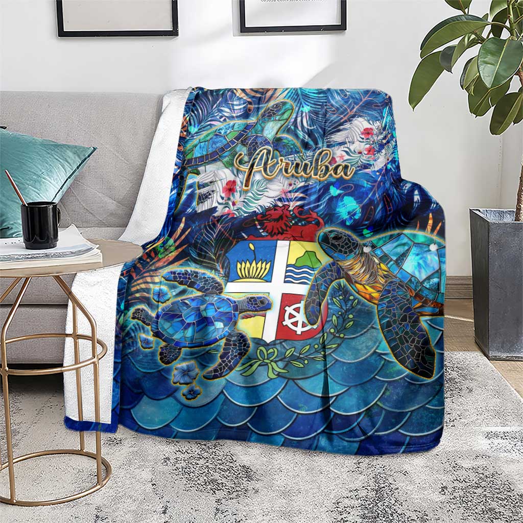 Blue tropical sea turtle throw blanket with Aruba text and flag graphic
