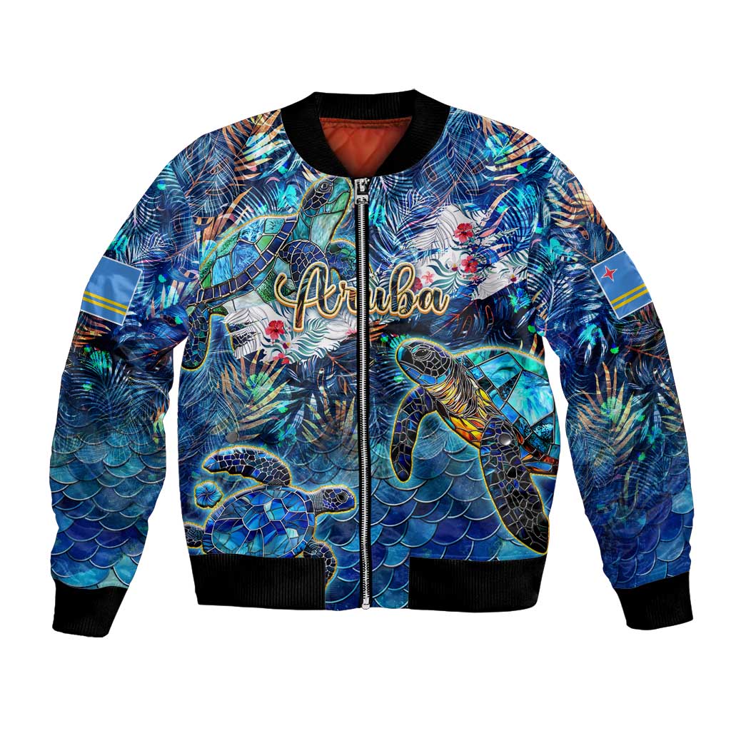 Blue bomber jacket with sea turtle tropical print, zip front, ribbed black cuffs and hem