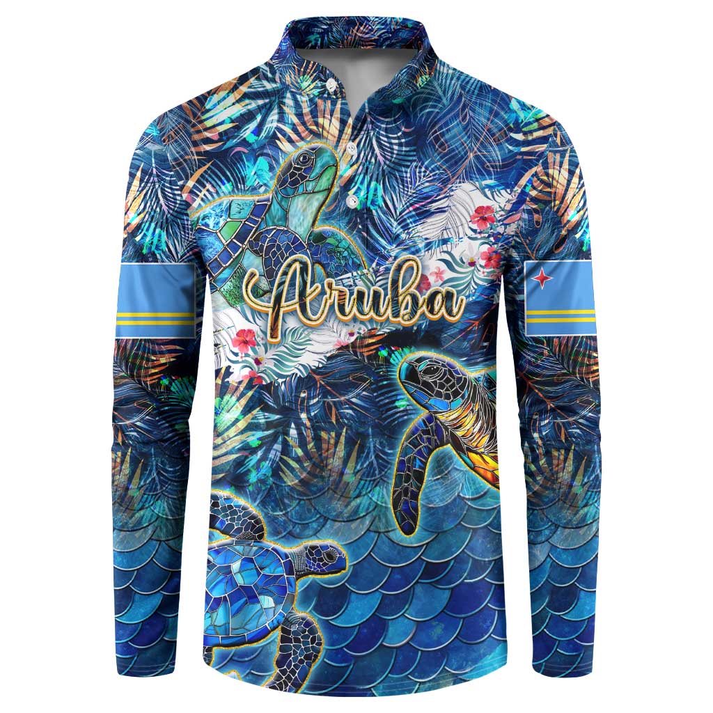 Button-front tropical sweatshirt with sea turtle graphic and blue leaf pattern.