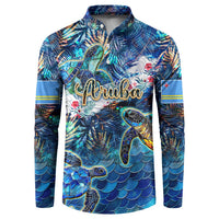 Button-front tropical sweatshirt with sea turtle graphic and blue leaf pattern.