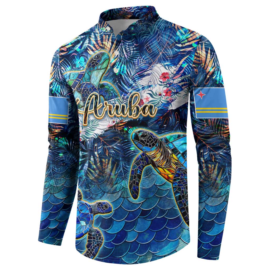 Button-front tropical sweatshirt with sea turtle print, cursive logo, and striped sleeve bands.