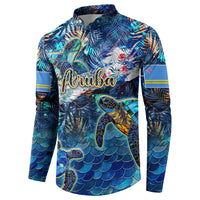 Button-front tropical sweatshirt with sea turtle print, cursive logo, and striped sleeve bands.