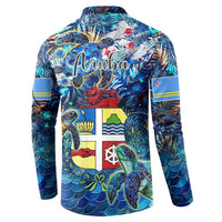 Button-front tropical sweatshirt back with cursive logo and colorful island-style icons.