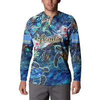 Men’s button-front tropical sweatshirt with sea turtle print and striped armband cuffs.