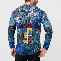 Button-front tropical sweatshirt back with sea turtle, cursive logo, and island-style icons.