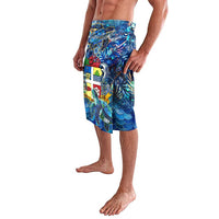 Men's blue tropical swim shorts with sea turtle front and elastic waistband