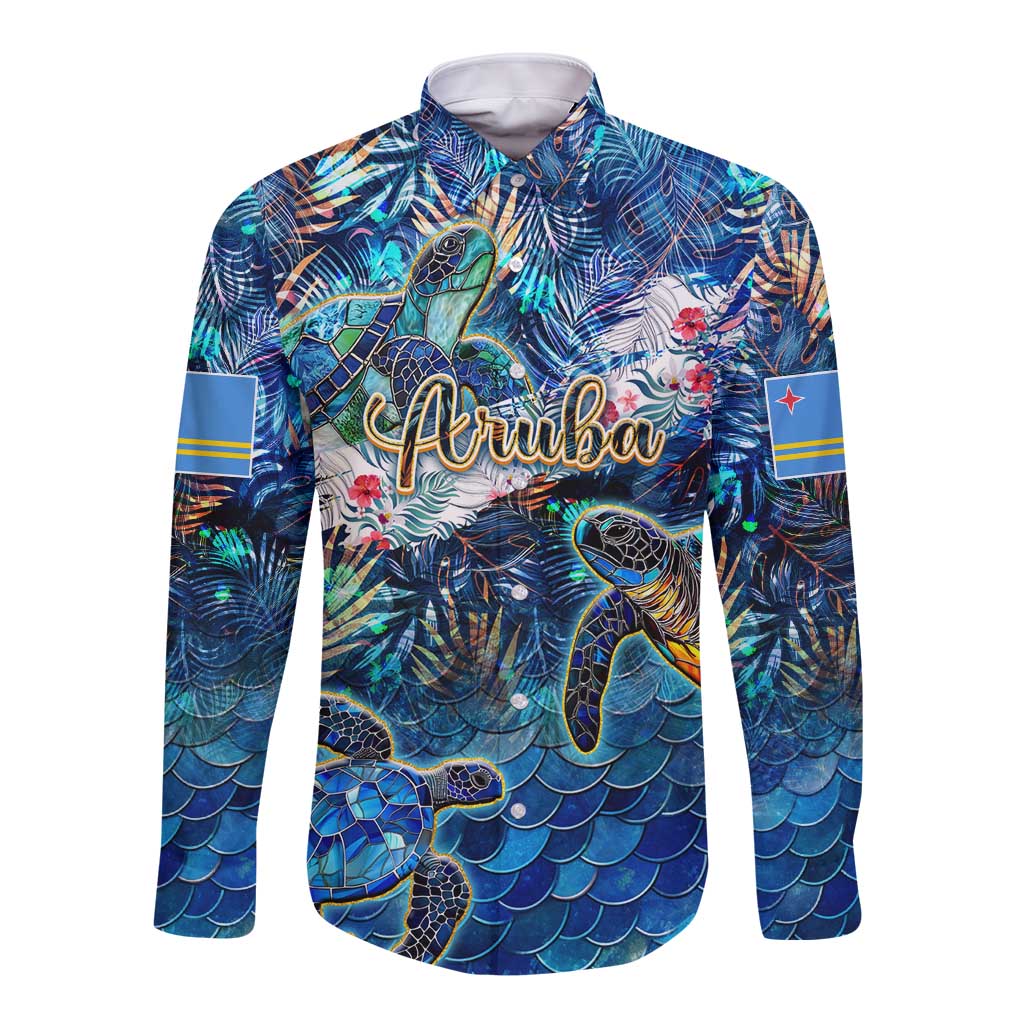 Blue long-sleeve button shirt with sea turtle tropical print and Aruba front graphic