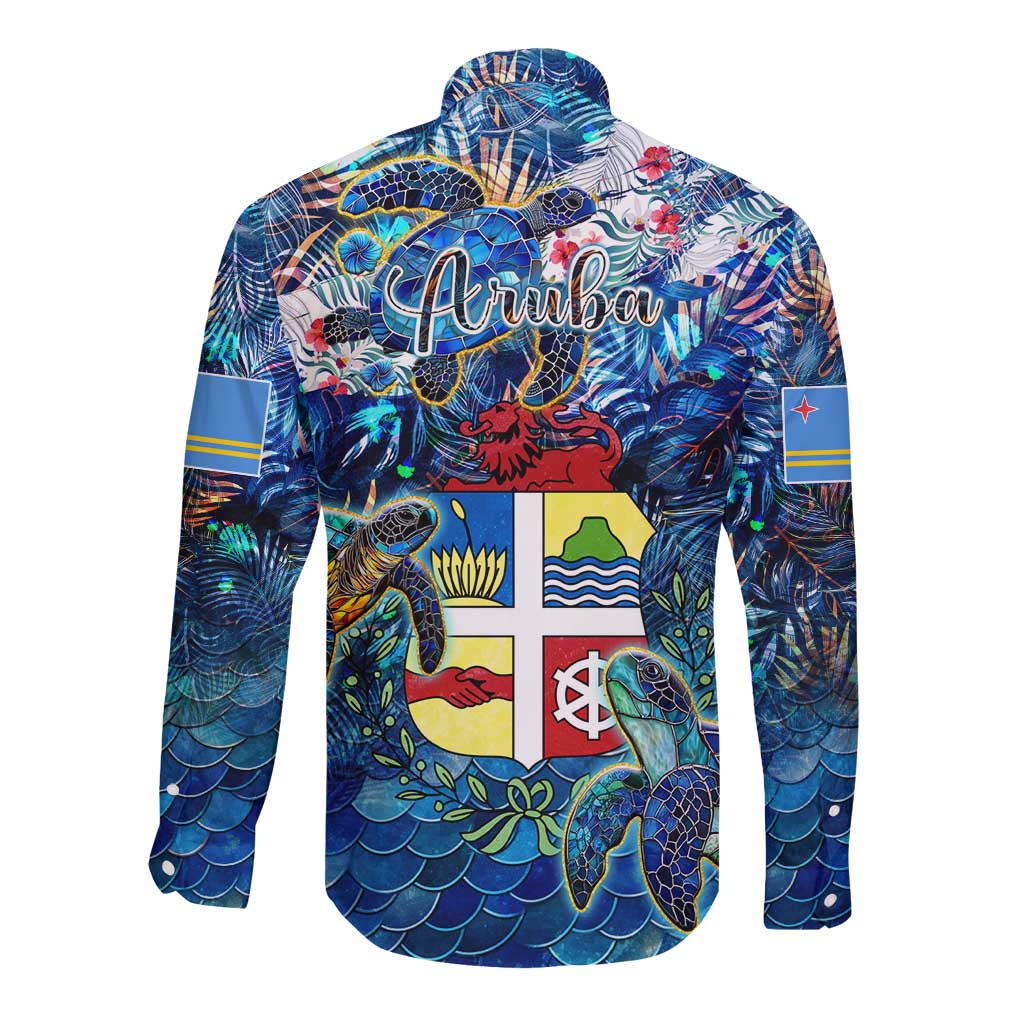 Blue long-sleeve button shirt with sea turtle tropical print and Aruba back graphic