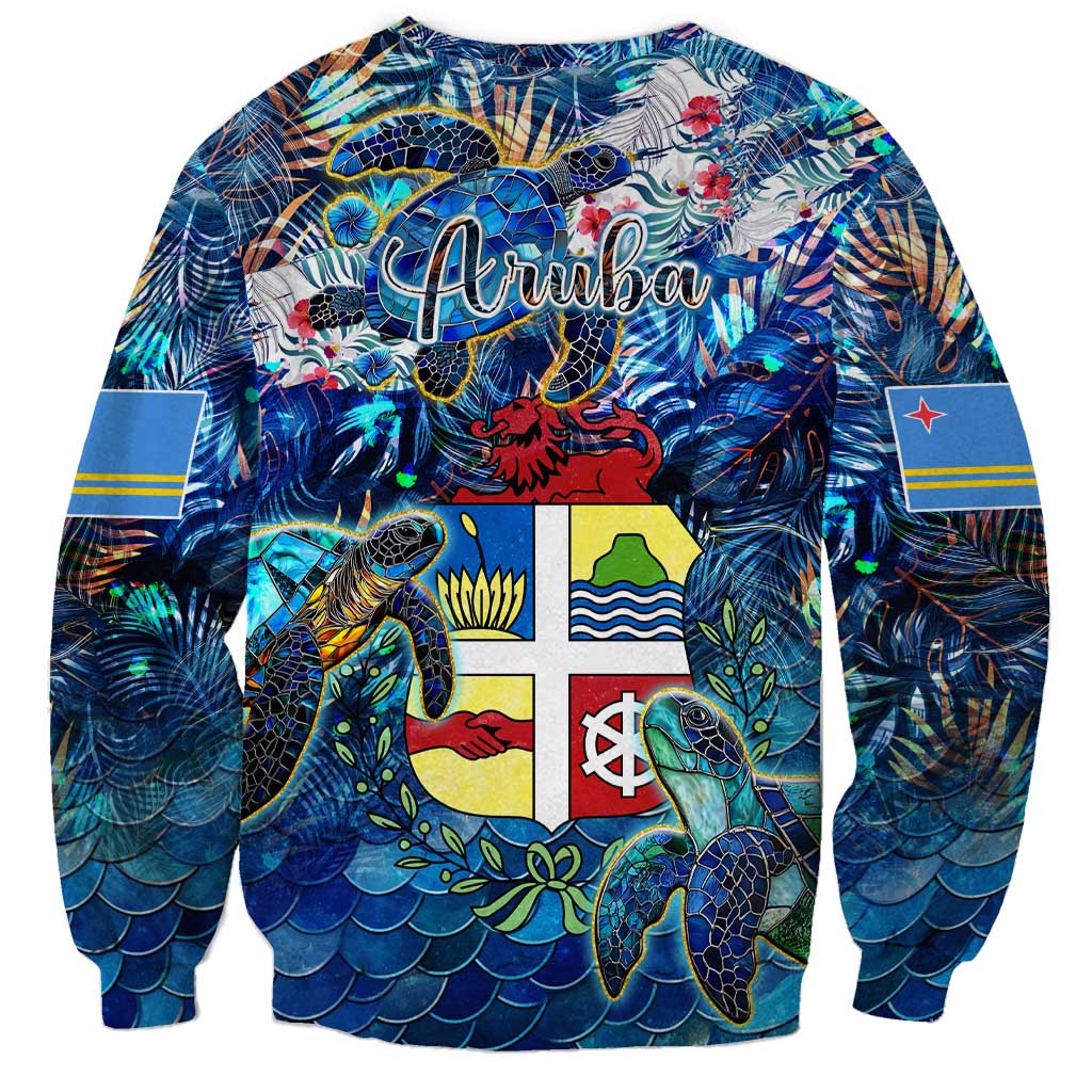 Unisex blue crewneck sweatshirt with sea turtle tropical print and Aruba graphic panels