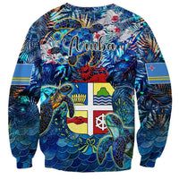 Unisex blue crewneck sweatshirt with sea turtle tropical print and Aruba graphic panels