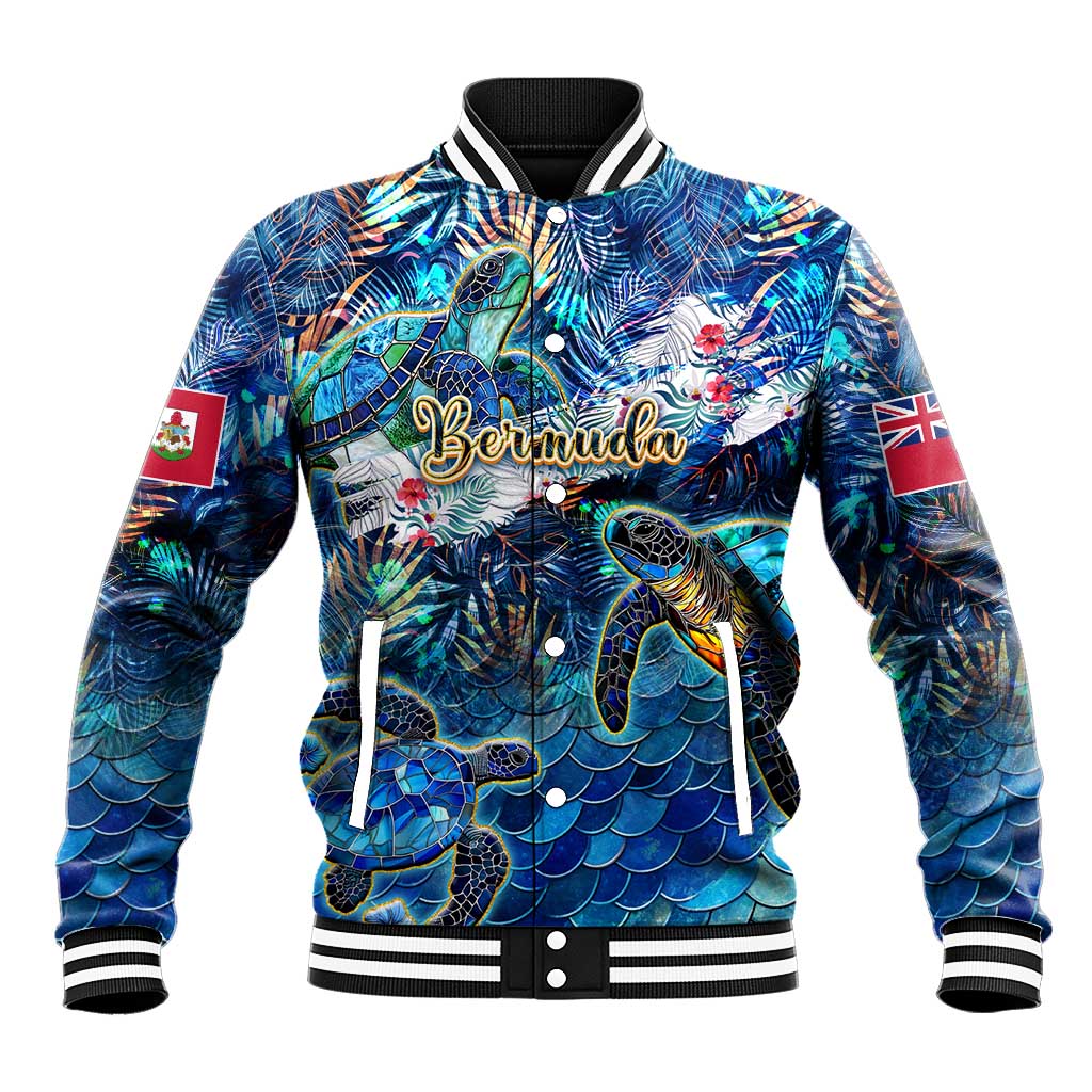 Unisex blue varsity baseball jacket with striped ribbed collar, turtle graphic, snap front