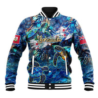 Unisex blue varsity baseball jacket with striped ribbed collar, turtle graphic, snap front