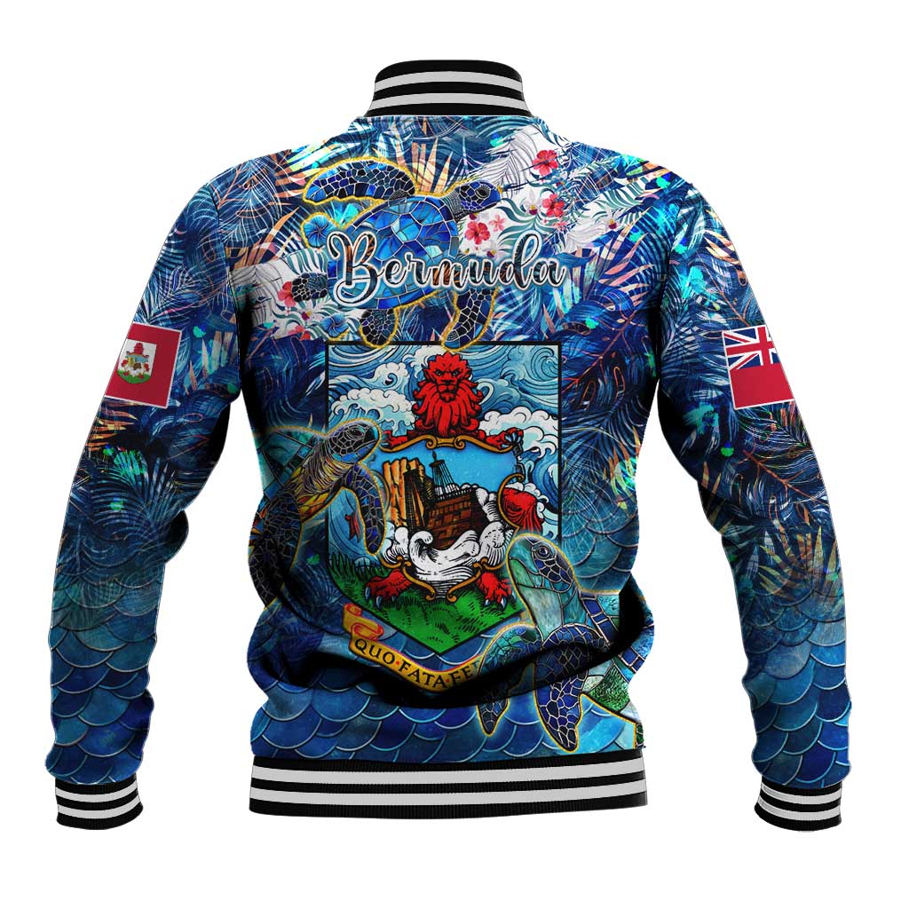 Unisex blue baseball jacket, striped cuffs, Bermuda logo on back with lion-and-wave crest