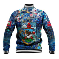Unisex blue baseball jacket, striped cuffs, Bermuda logo on back with lion-and-wave crest