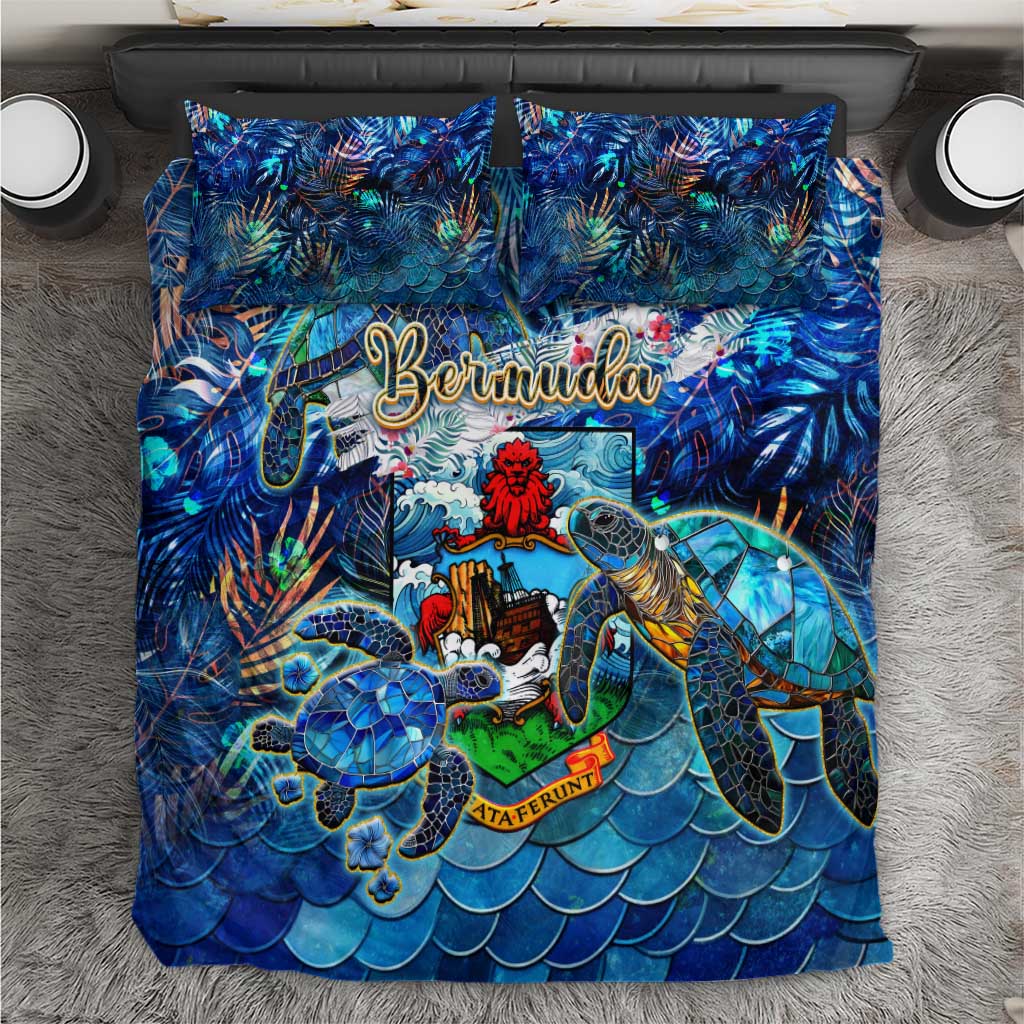 Blue Bermuda bedding set with sea turtle tropical print duvet cover and two pillowcases