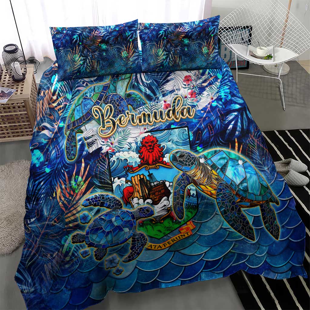 Blue Bermuda bedding set featuring sea turtle tropical print duvet cover with two pillowcases