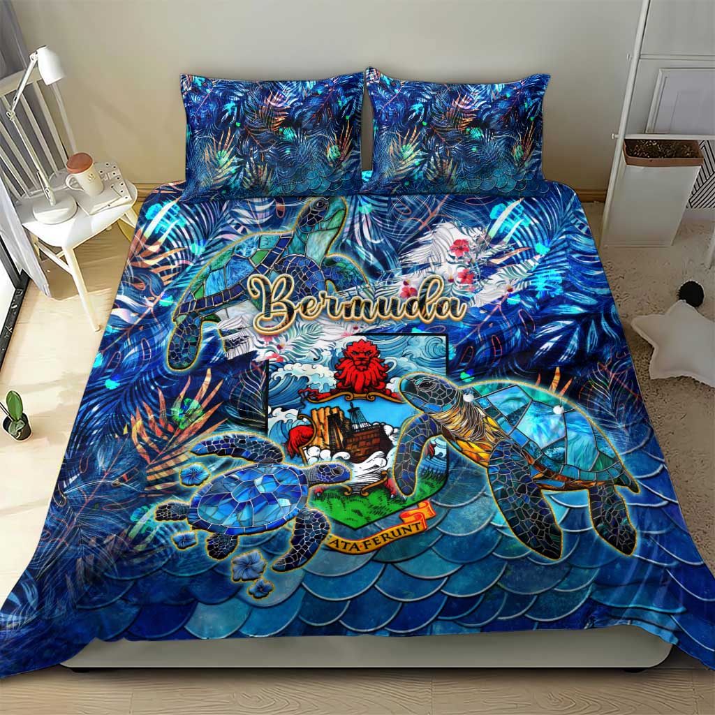 Blue Bermuda bedding set with sea turtle tropical design duvet cover and two pillowcases