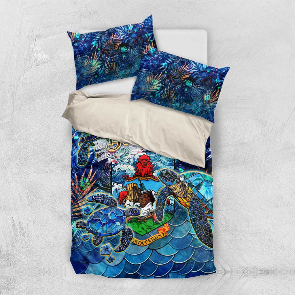 Blue Bermuda bedding set flat lay: sea turtle tropical print duvet and two pillowcases