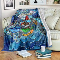 Blue sea turtle tropical throw blanket with Bermuda lettering and wave-scale pattern