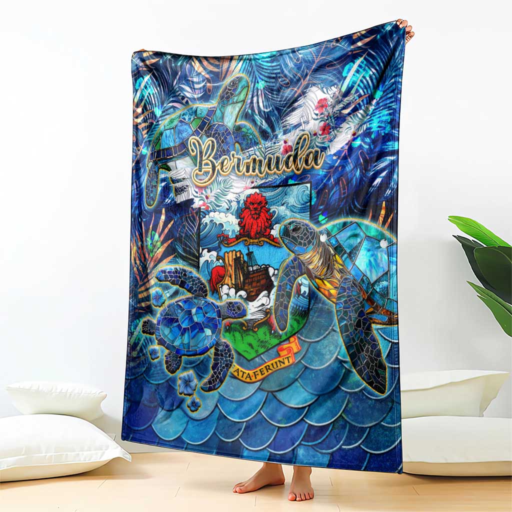 Blue sea turtle tropical throw blanket with Bermuda logo, displayed folded