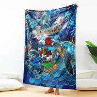 Blue sea turtle tropical throw blanket with Bermuda logo, displayed folded
