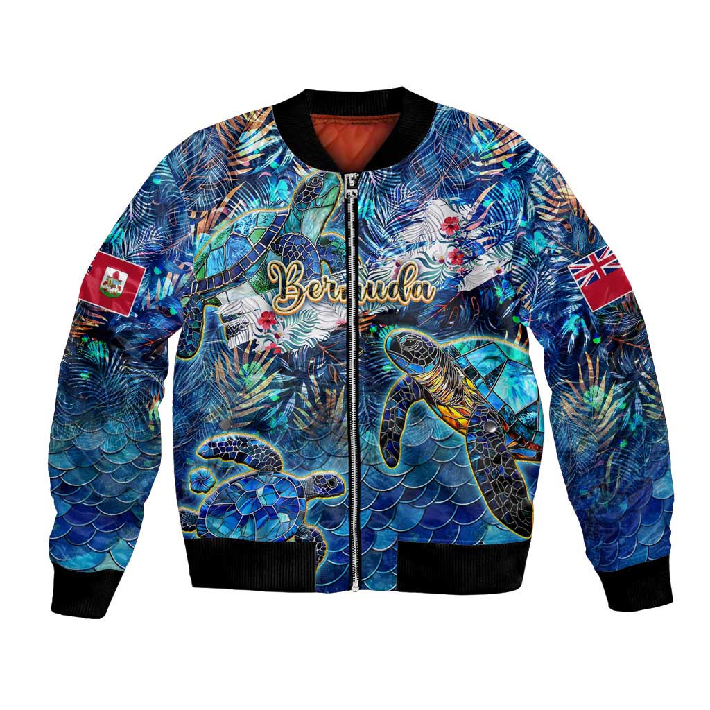 Unisex bomber jacket with blue sea turtle tropical print, front zip and black rib trim