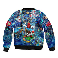 Unisex bomber jacket, blue tropical sea turtle print on back, black rib hem and cuffs