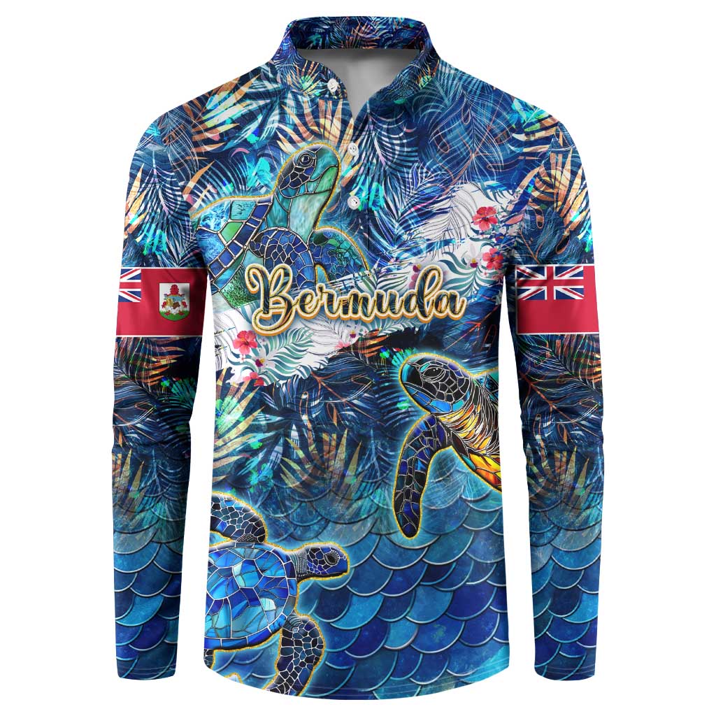Blue button sweatshirt with sea turtle tropical print, Bermuda graphic, long sleeves